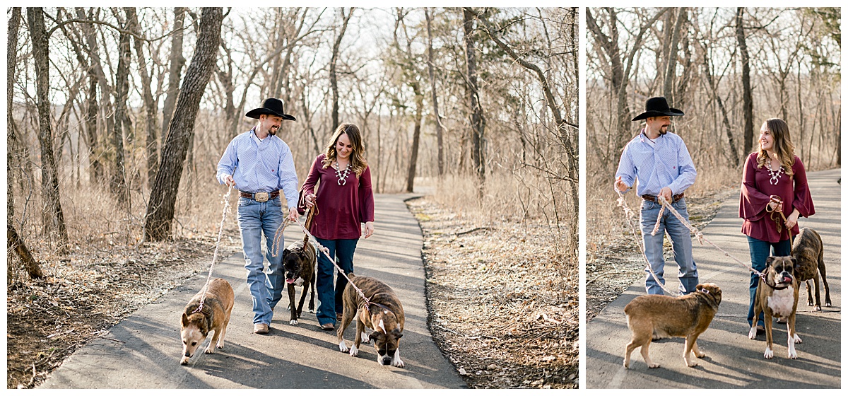 engagement session walking dogs