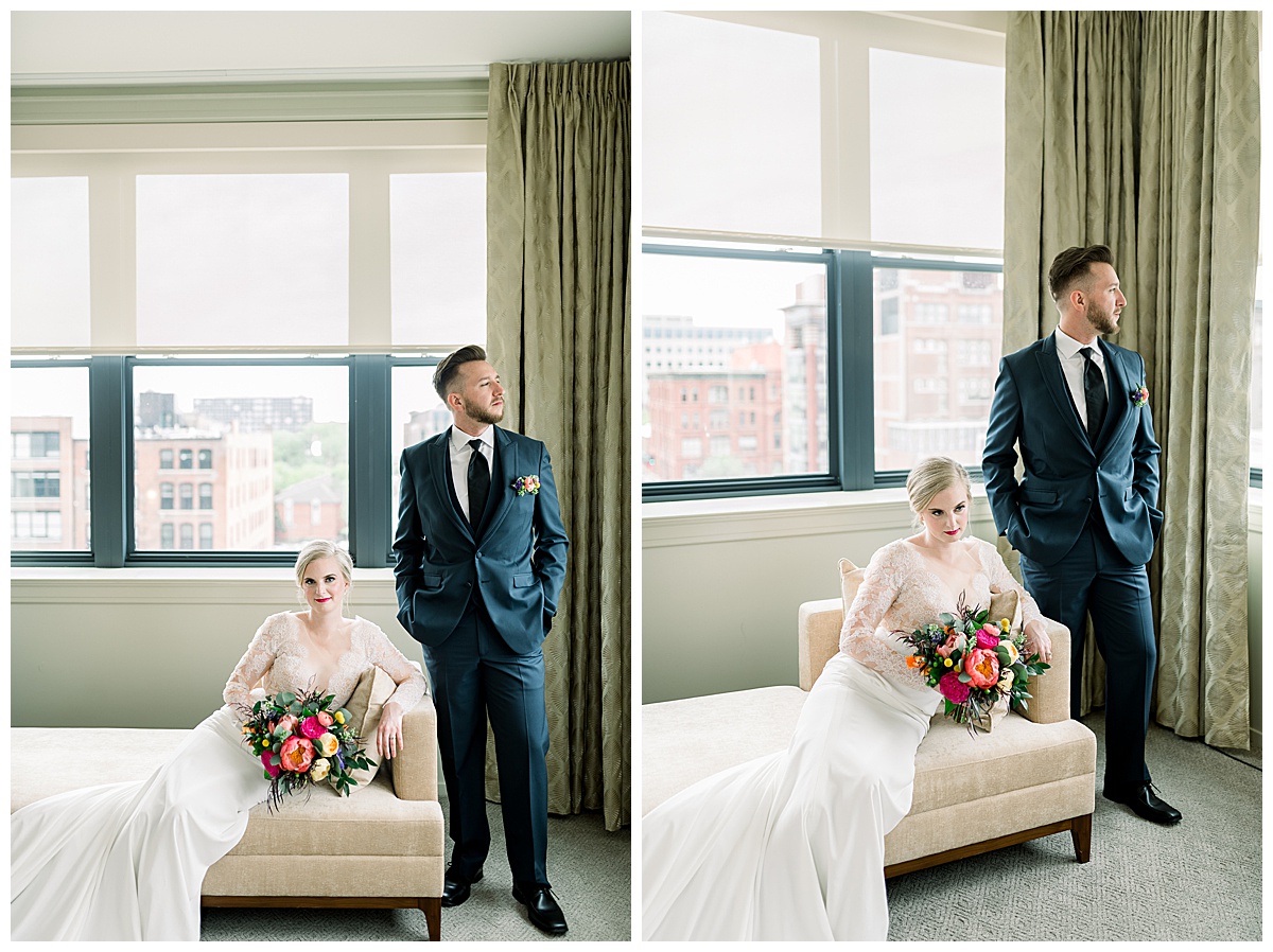 bride and groom in 21c suite