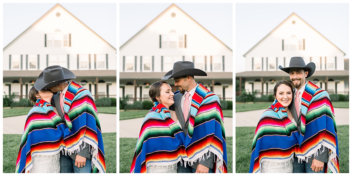 bride and groom wrapped in blanket country western wedding