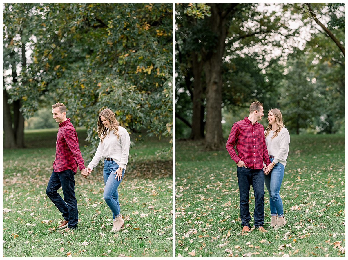 couple walking in park engagement photos