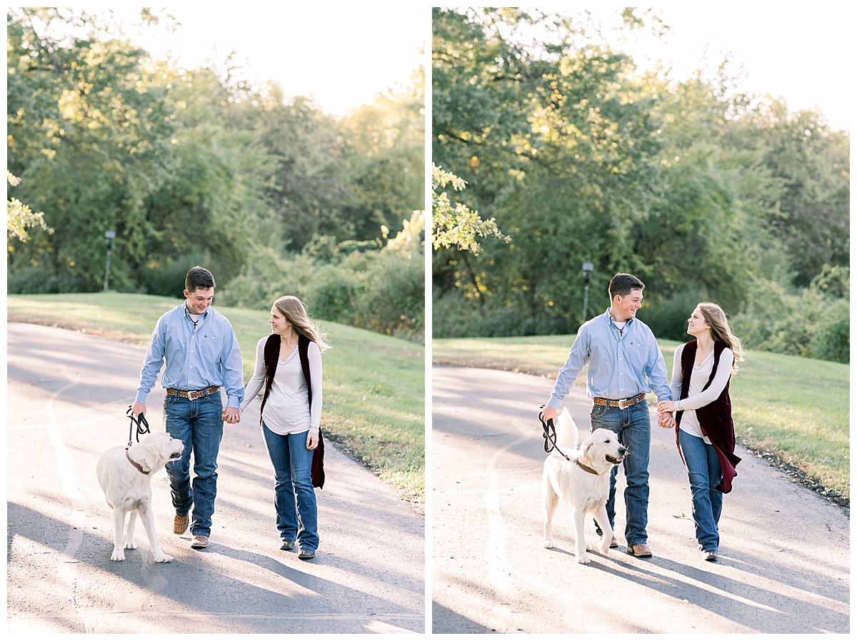 Shawnee Mission Park Engagement couple walking dog