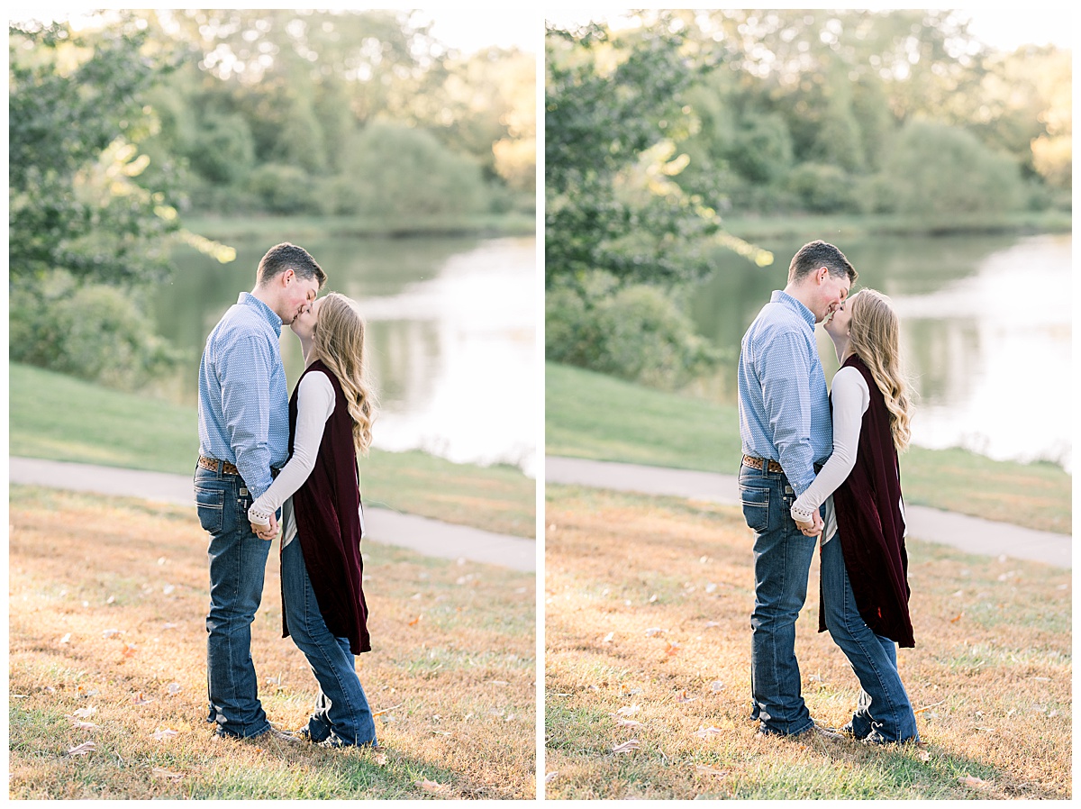 Shawnee Mission Park Engagement kissing by lake