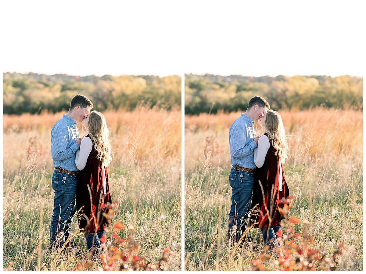 Shawnee Mission Park Engagement couple standing in field