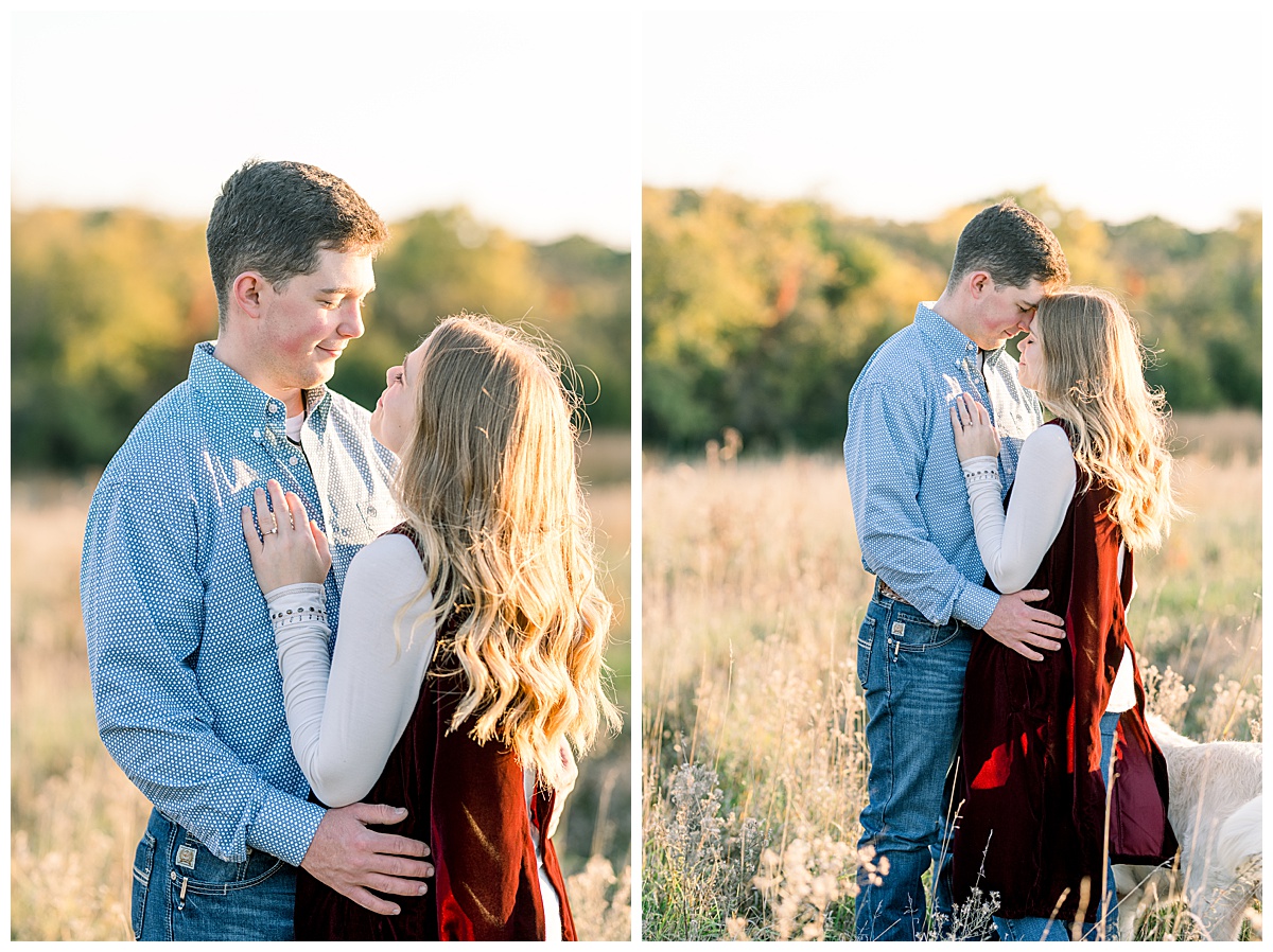 Shawnee Mission Park Engagement photos at sunset in field