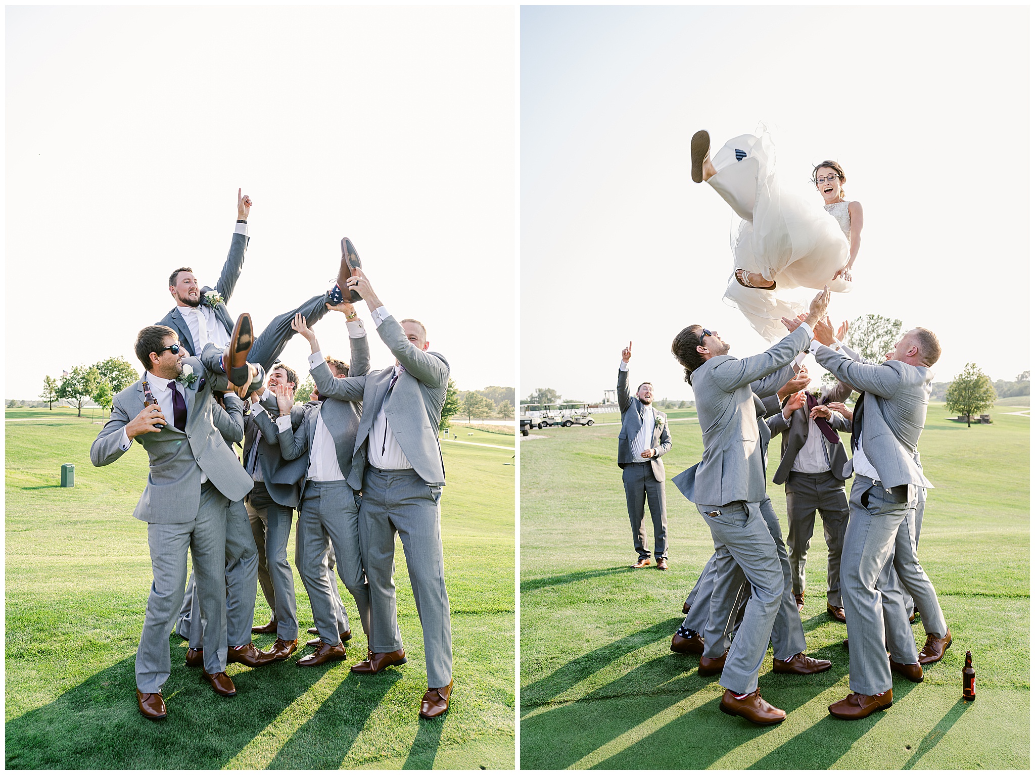 wedding party throwing bride and groom in air